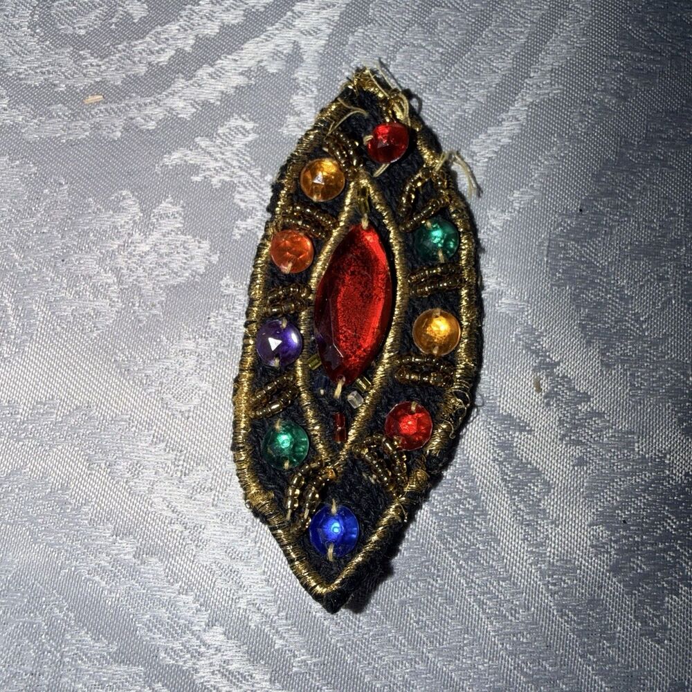 Vintage 2.5" Gold Leaf Petal Beaded Embroidered Sew On Patch Red Blue Yellow 70s